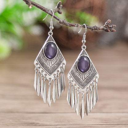 Diamond-Shaped Alloy Earrings with Turquoise Tassels for Women