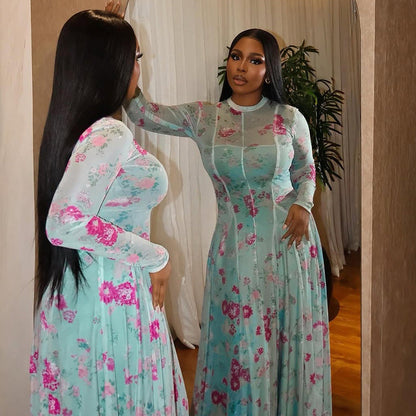 Floral Print A-Line Dress With Long Sleeves