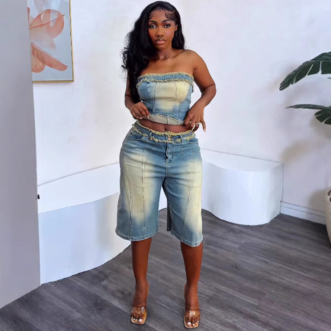 Women'S Denim Set Trendy Sleeveless Wrap Top High-Waisted Shorts