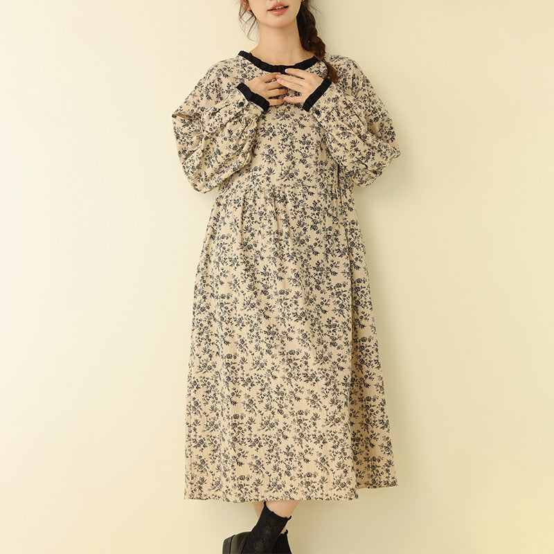 Floral A-Line Long Sleeve Dress with Ruffle Detail