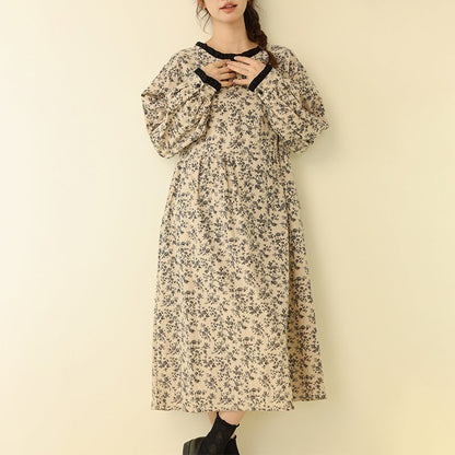 Floral A-Line Long Sleeve Dress with Ruffle Detail