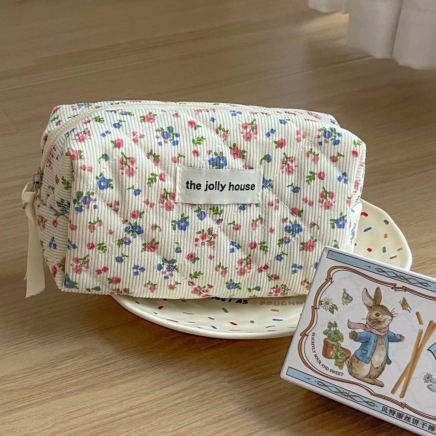 Corduroy Flower Print Sweet Make Up Bag