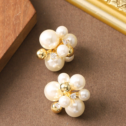 French Elegant Pearl Floral Stud Earrings For Women
