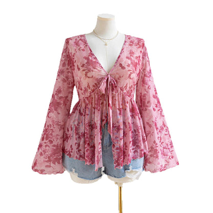 V-Neck Floral Mesh Top with Bell Sleeves