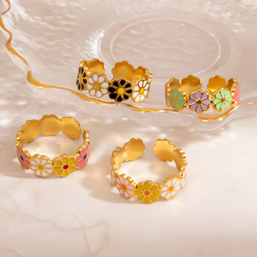 Colorful Floral Stainless Steel Ring Stylish Casual 18K Gold-Filled Women's Ring
