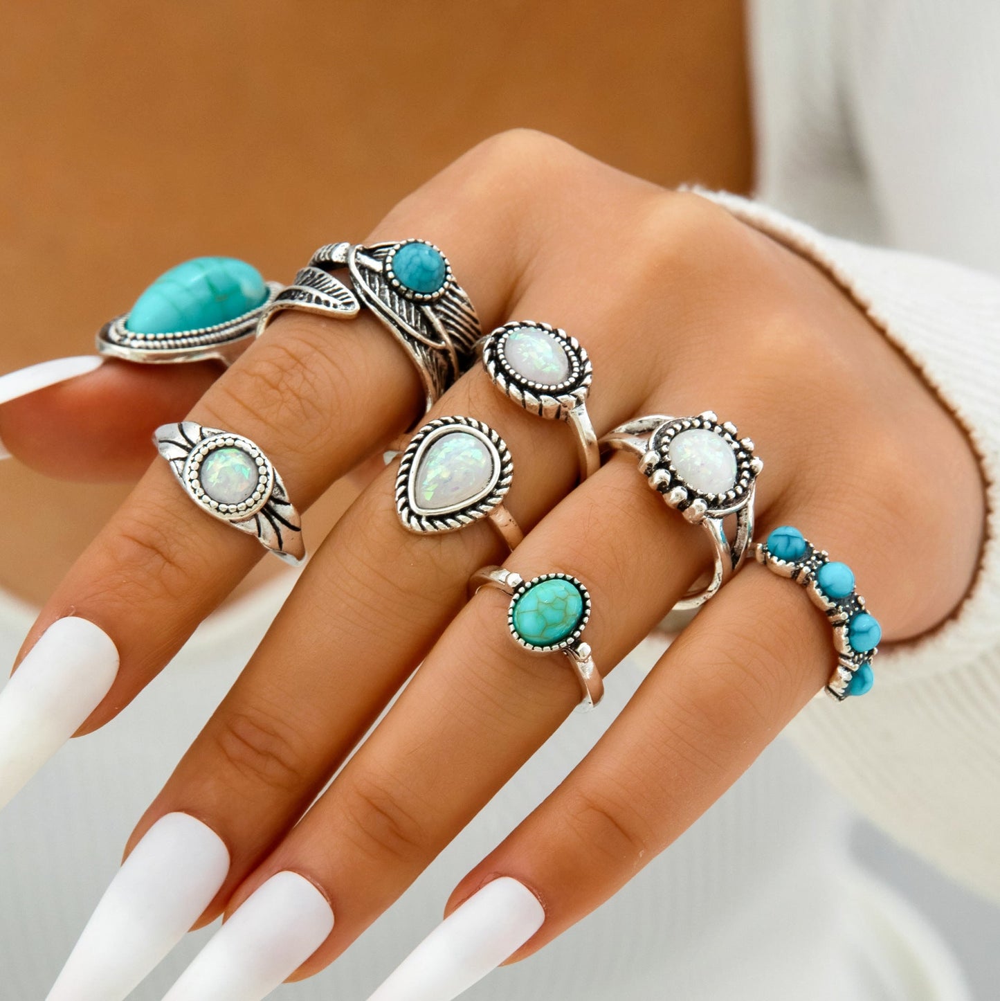 Bohemian Style Carved Feather Turquoise Ring Set