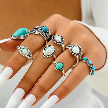 Bohemian Style Carved Feather Turquoise Ring Set