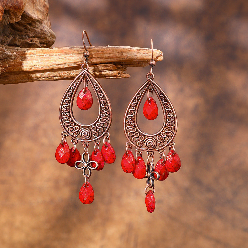 Vintage Chandelier Tassel Earrings Red Unique Elegant Statement Jewelry