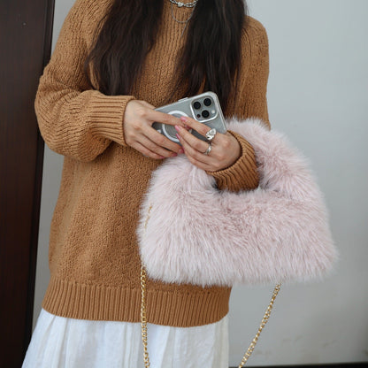 Solid Color Soft Fluffy Fur Tote Handbag
