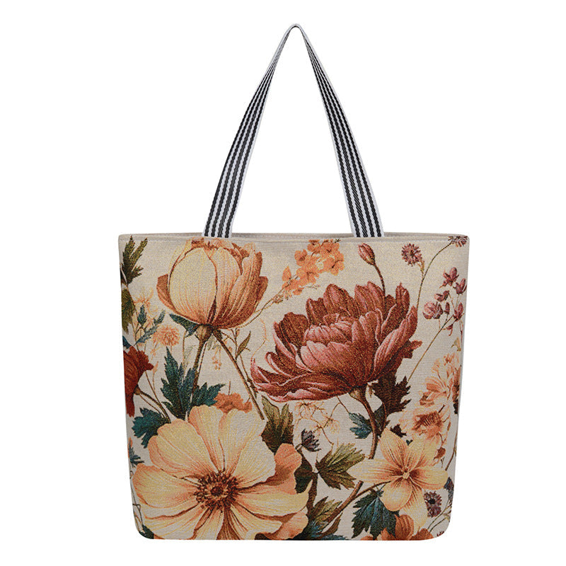 Embroidered Canvas Tote Bag with Floral Patterns
