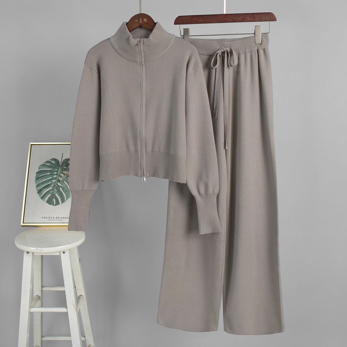 Chic Knitted Zipper Cardigan and Pants Set
