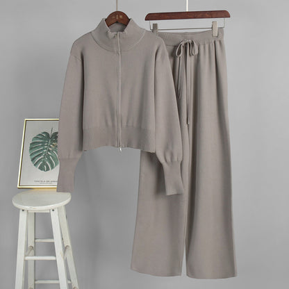 Chic Knitted Zipper Cardigan and Pants Set