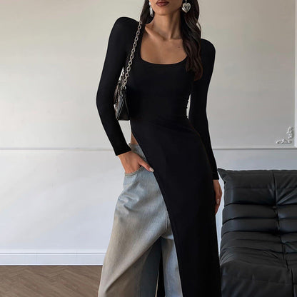 Fashionable U-Neck Bodycon Long Sleeve Dress Black