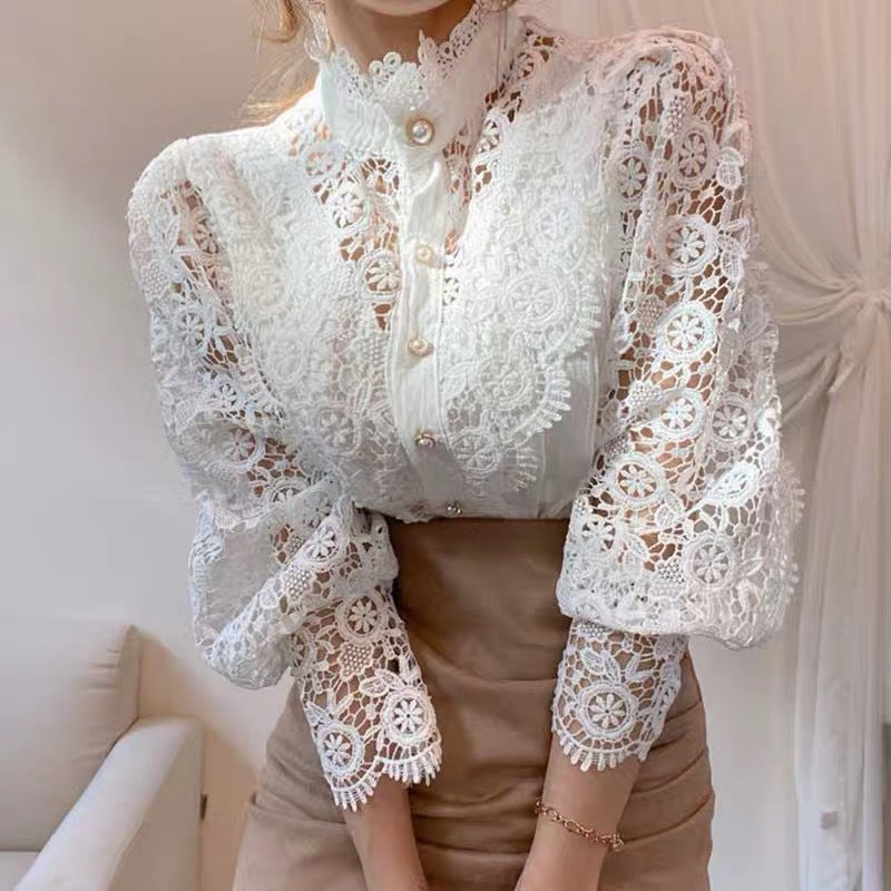 French Loose Chic Button Heavy Lace Cutout Flower Panel Long Sleeve Stand Collar Shirt