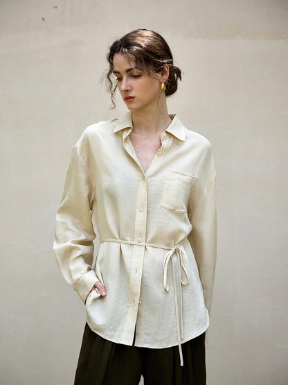 French Style Long Sleeve Women's Shirt Jacket With Tie Waist