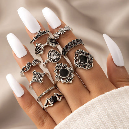 15 Piece Ring Set Personalized Fashion Style Hollow Out Lotus Sunflower Geometry Black Gem Set Ring
