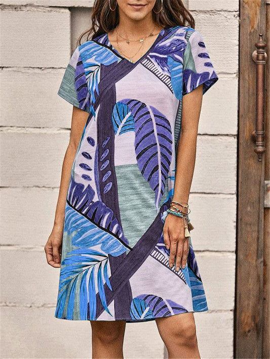 Womenswear Print Casual Short Sleeve V-Neck Dress