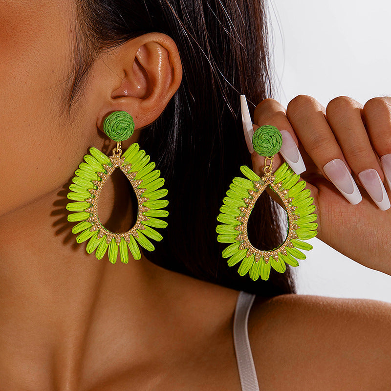 Handmade Woven Raffia Vacation Earrings Floral Design