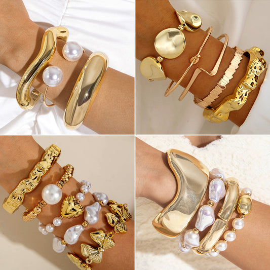 Layered Geometric Statement Cuff Bracelet Set