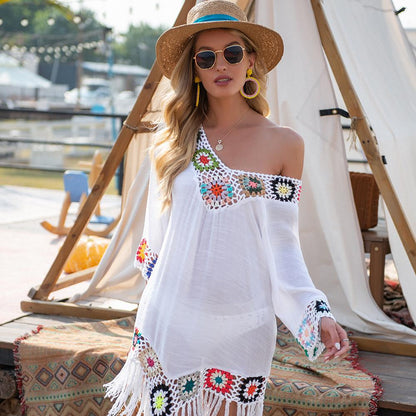 New Off The Shoulder Half Sleeve Hook Pattern Stitching Irregular Tassel Beach Cover Up Shirt Ethnic Style Dress