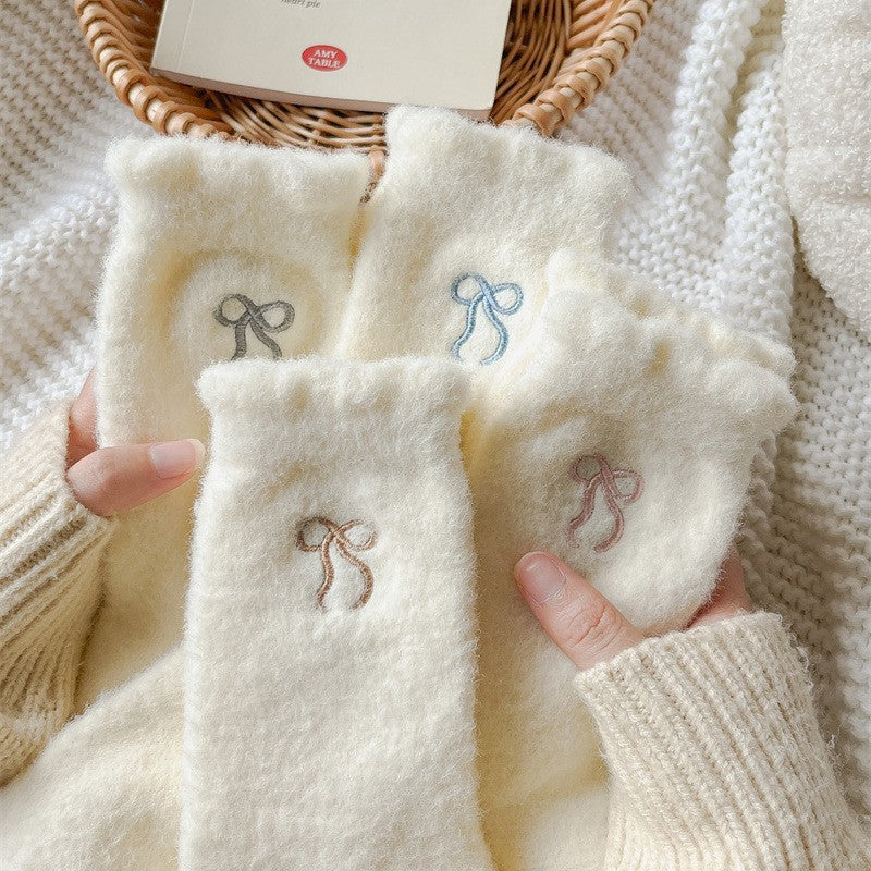 Winter Plush Solid Color Bow Embroidery Crew Socks
