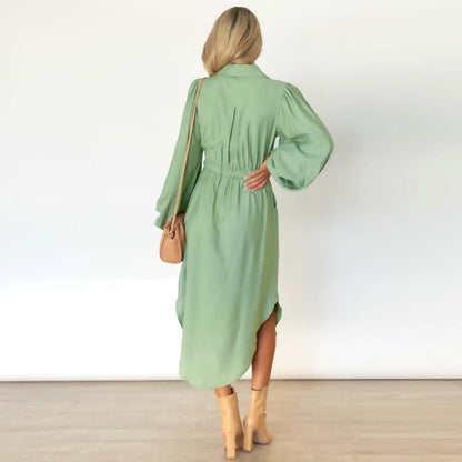 Long-Sleeved Temperament Shirt Mid-Length Tie-Up Waist Dress