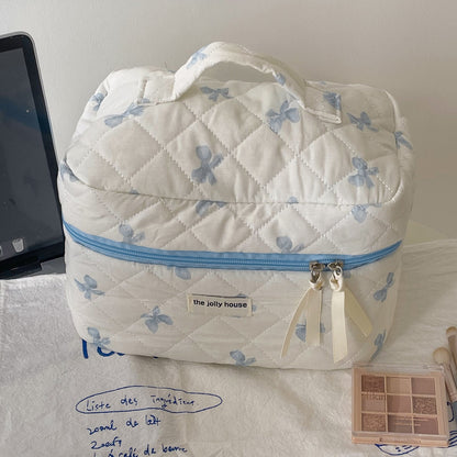 Quilted Makeup Bag with Bow Cute Portable Storage Bag