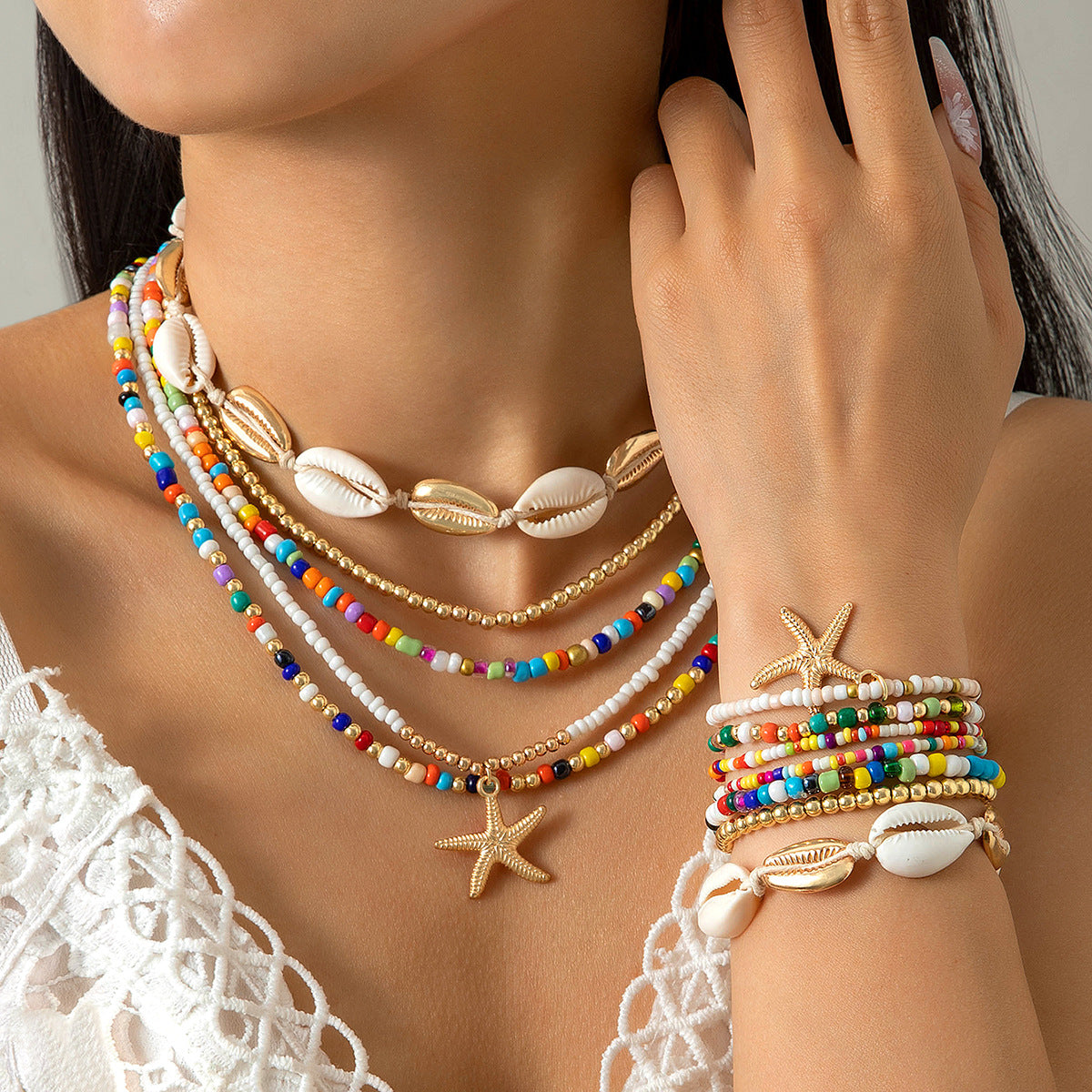 Bohemian Seashell Beaded Anklets Set With Starfish Elements