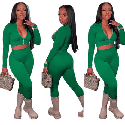 Solid Color Long Sleeve Zip Cropped Top And Pants Set