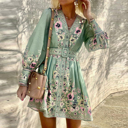Women'S Long Sleeve V-Neck Loose Printed Boho Dress