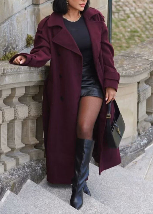 Double Breasted Belted Trench Coat Burgundy Fabric