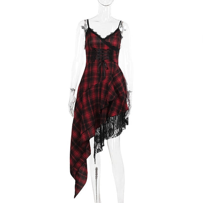 Dark V- Neck Strappy Dress with Asymmetrical Hem