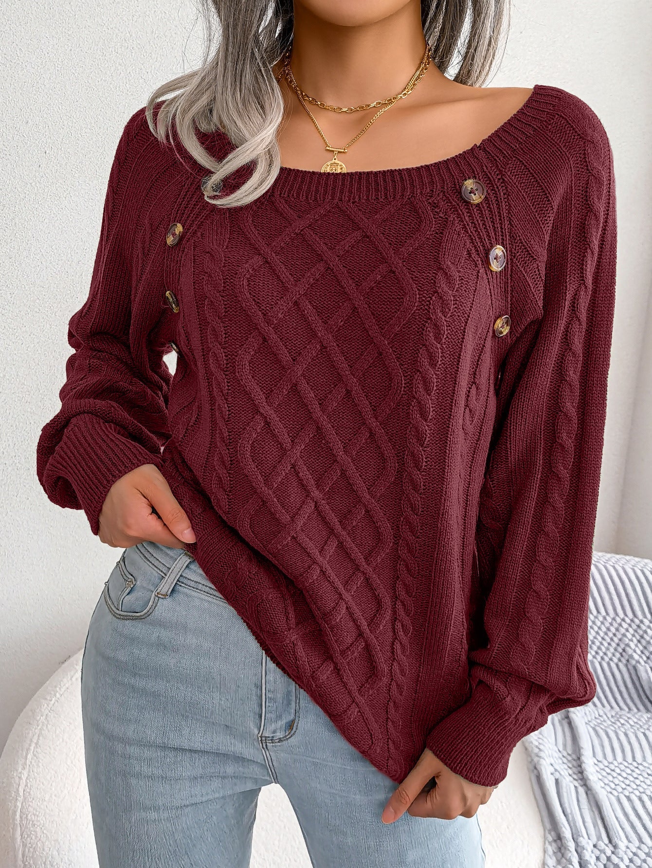 2025 Autumn And Winter Casual Square Collar Nail Button Twist Knitted Pullover Sweater