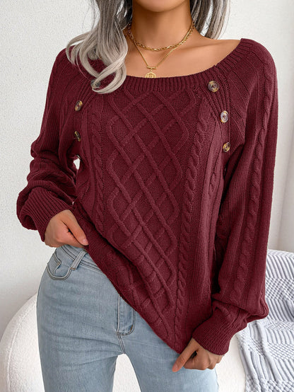 2025 Autumn And Winter Casual Square Collar Nail Button Twist Knitted Pullover Sweater