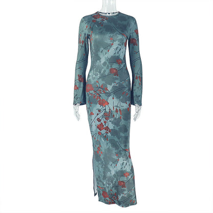 Vintage Style High Neck Bodycon Maxi Dress With Floral Print