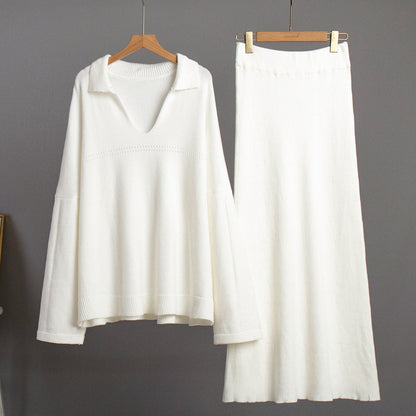 Fashionable V-Neck Knit Sweater And Skirt Set