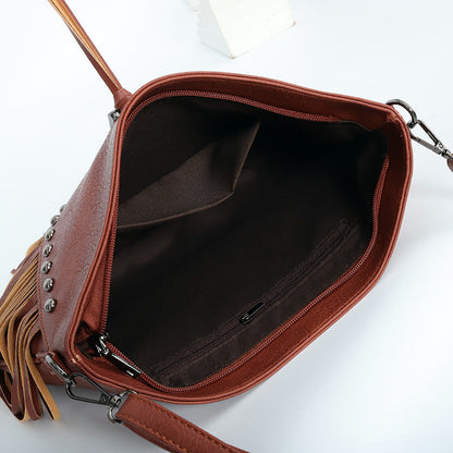 Rivet Soft Leather Trend Casual Rivet Tassel Bag Single Shoulder Diagonal Cross Women'S Bag
