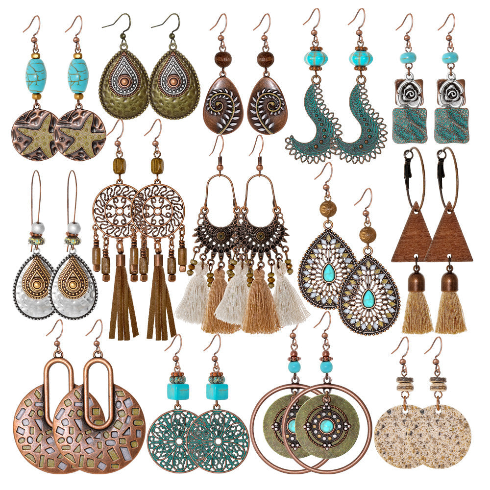 Bohemian Style Geometric Earrings Set with Hollow Design and Tassels