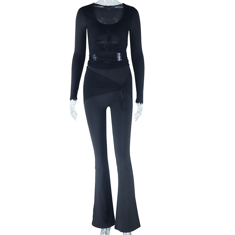 Casual Color Block Two-Piece Set With Mesh Long Sleeve Top And Pants