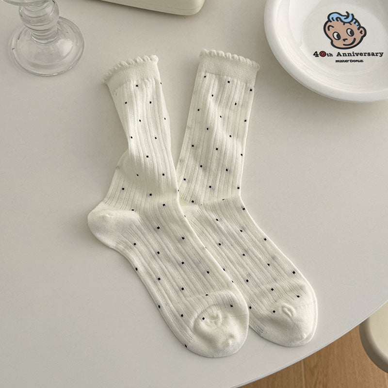 Polka Dot Ruffle Ribbed Thin Socks