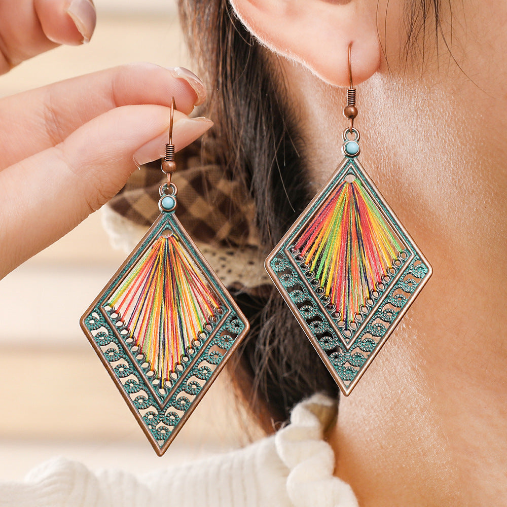 Bohemian Handcrafted Wire Earrings Colorful Thread Weaving Statement Dangle Earrings