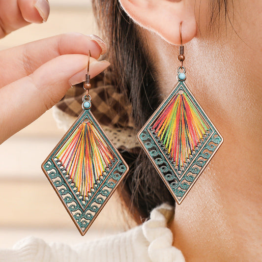 Bohemian Handcrafted Wire Earrings Colorful Thread Weaving Statement Dangle Earrings