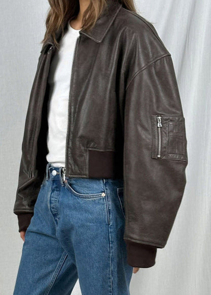 Leather Bomber Jacket Cropped Fit Gray