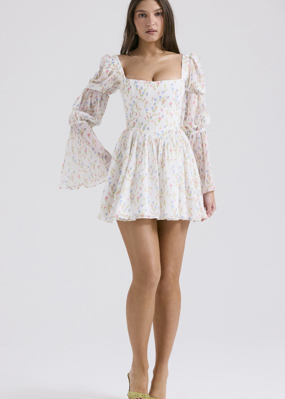Floral Chiffon Mini Dress With Puff Sleeves