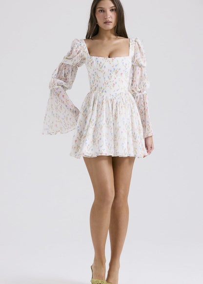 Floral Chiffon Mini Dress With Puff Sleeves