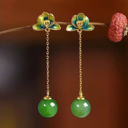 Jasper Lotus Heart Tibetan Style Enamel Color Lotus 925 Silver Jade Earrings Women'S Fringed Earrings