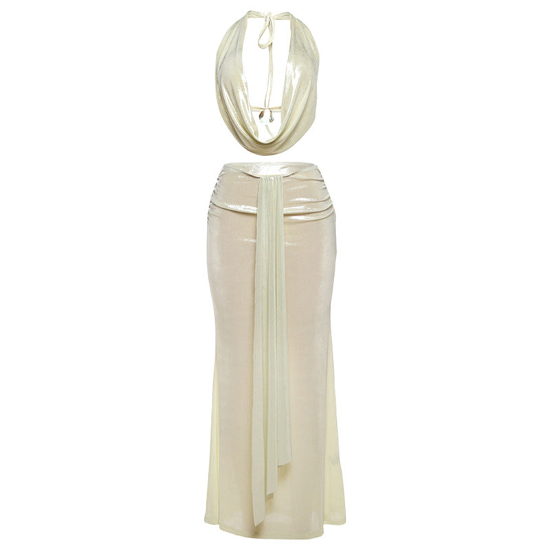 Backless Halter Top And Bodycon Skirt Set For Trendy Women