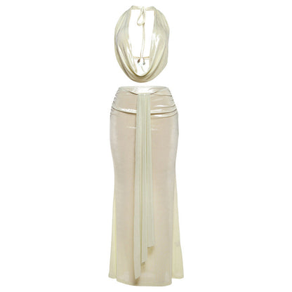 Backless Halter Top And Bodycon Skirt Set For Trendy Women