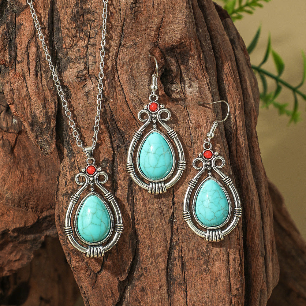 Bohemian Geometric Earrings and Necklace Set with Turquoise Accents