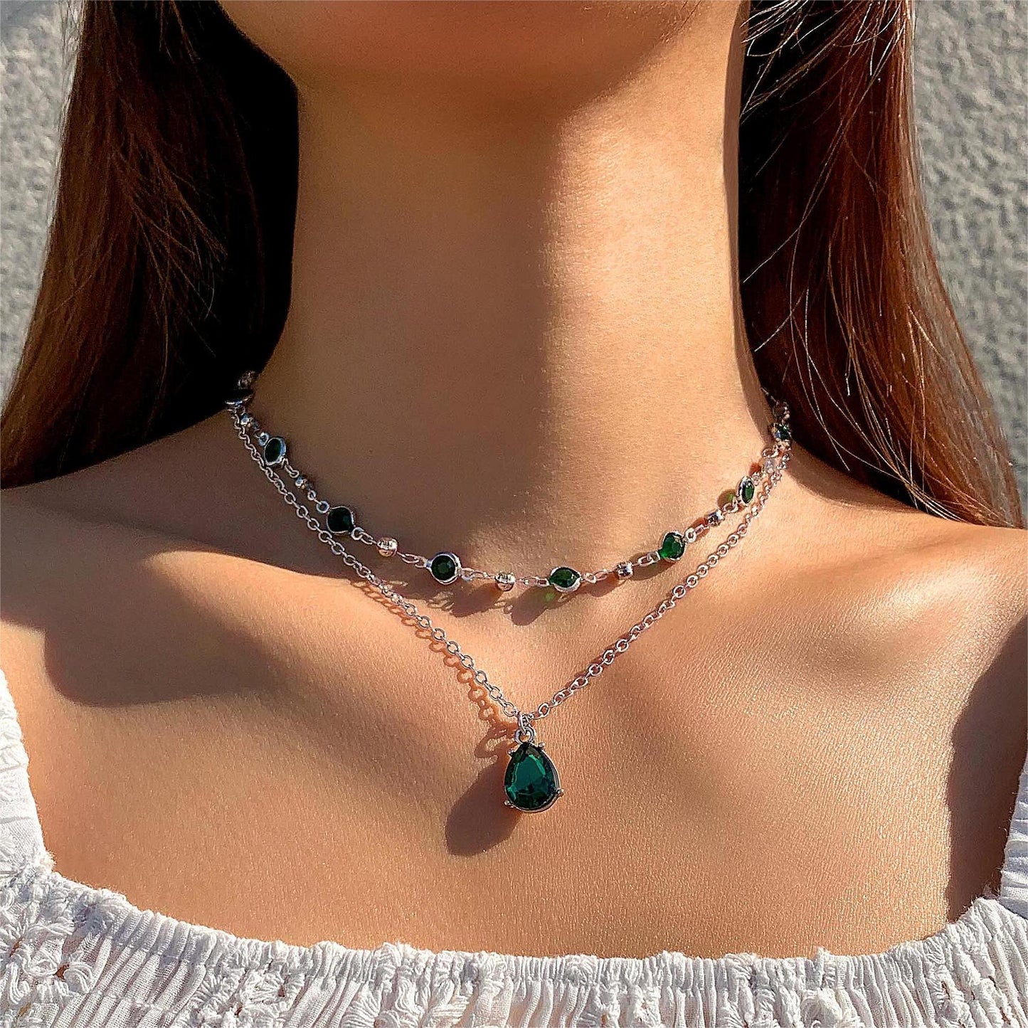Fashionable Vintage Green Drop Pendant Layered Y-Necklace